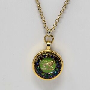 Krysia Gold Tone Leo Lion Zodiac Pendant Necklace Green Iridescent Glass 22 In